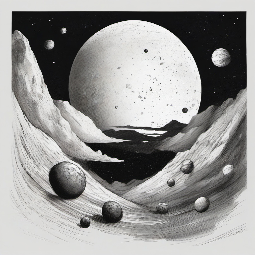 drawing of a planet surrounded by asteroids  minimal rough sketch scribbles,doodles,black and white