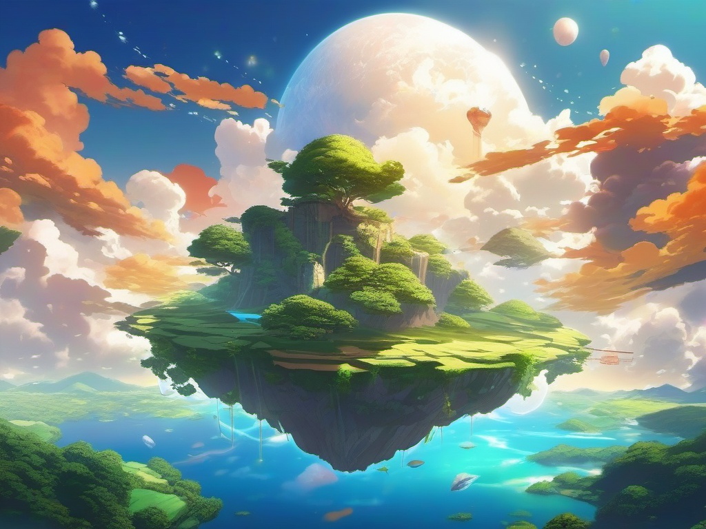 Floating islands with dynamic elemental powers. anime, wallpaper, background, anime key visual, japanese manga