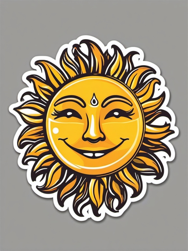 Sun with Face Sticker - Cheerful sunshine, ,vector color sticker art,minimal