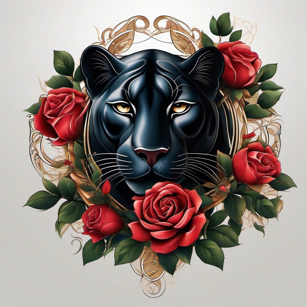 Panther Rose Tattoo-Elegant tattoo design featuring a panther with roses, creating a harmonious and symbolic composition.  simple color tattoo,white background