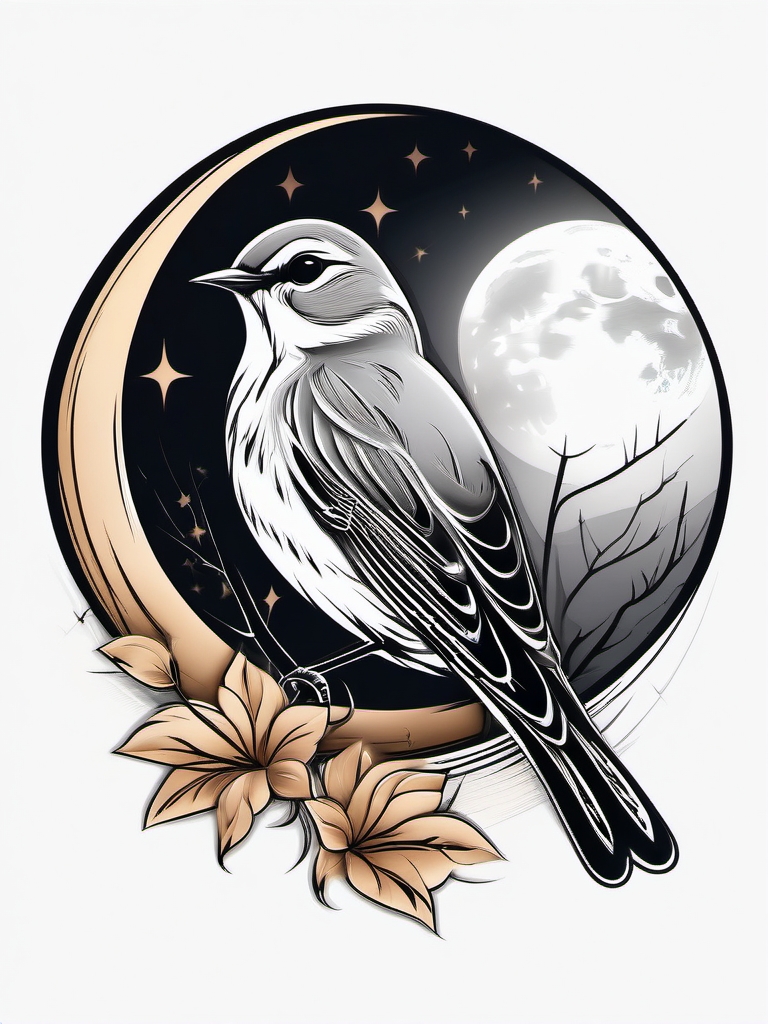 Nightingale tattoo against the backdrop of the moon, embodying mystery, with finch elements.  color tattoo style, minimalist design, white background