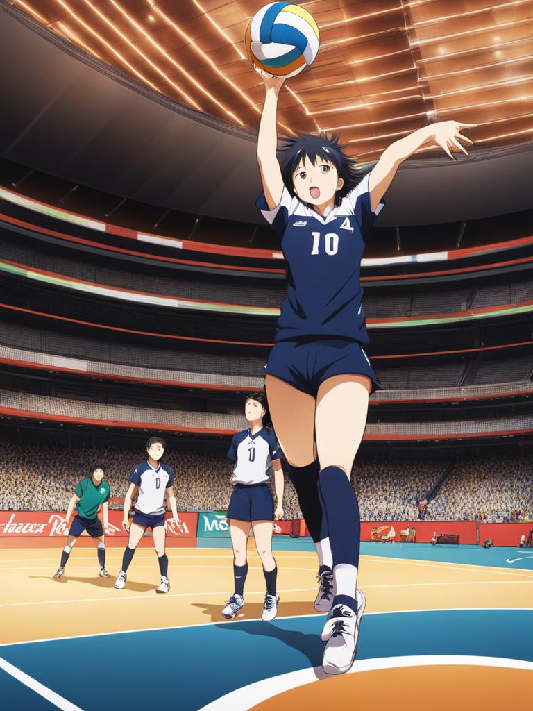 shoyo hinata spikes a volleyball over a towering opponent in a crowded stadium. 