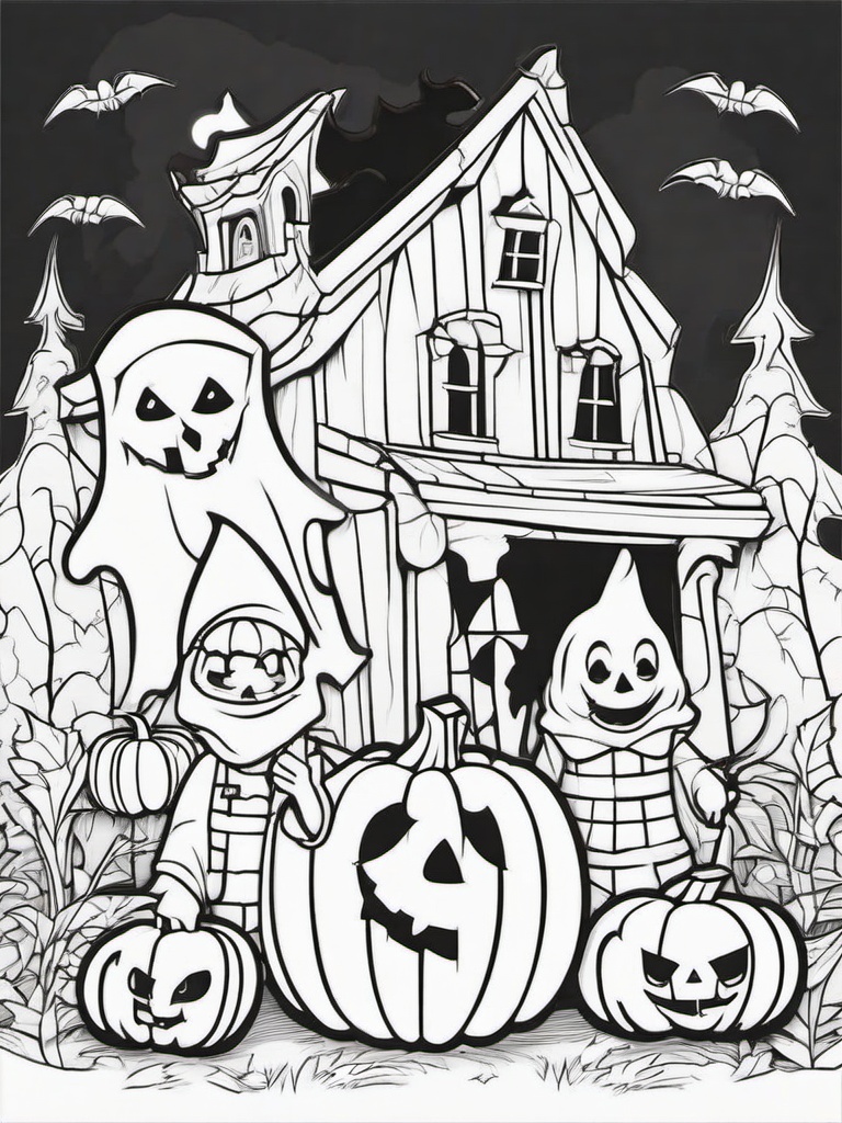 Ghosts and Goblins Coloring Pages - Halloween Fun with Spooky Characters  minimal black outline printable sheet, coloring page