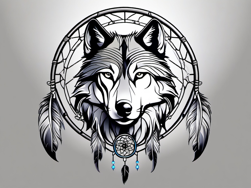 Dream Catcher Tattoo Wolf,dreamcatcher adorned with the spirit of the wolf, protecting one's dreams. , tattoo design, white clean background