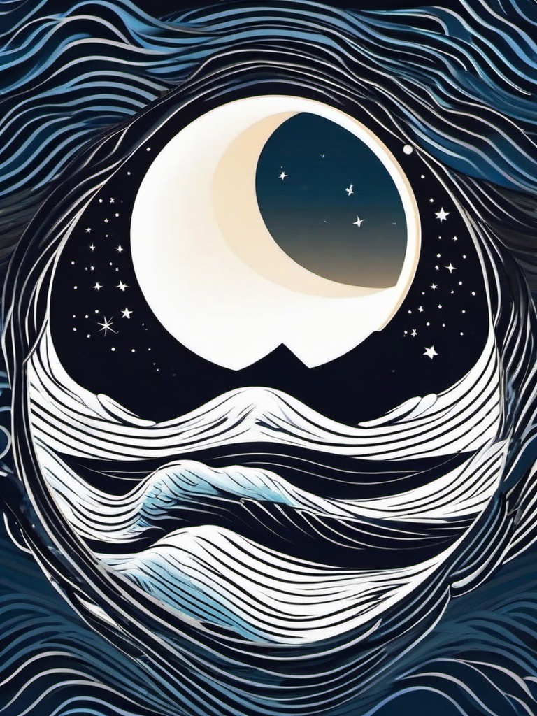 Wave Moon Tattoo - Capture the serene beauty of waves under the moonlight with a wave moon tattoo.  simple vector color tattoo,minimal,white background