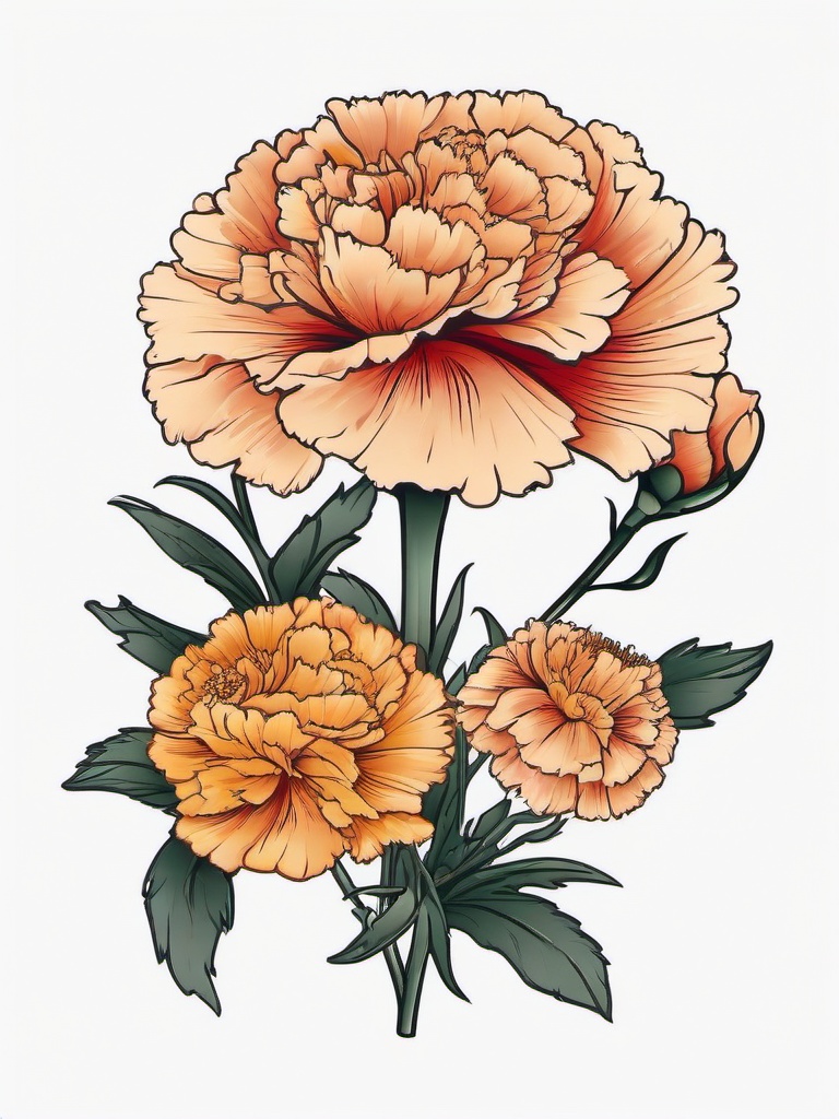 Carnation and Marigold Tattoo,Celebration of love and warmth in a tattoo featuring carnations and marigold flowers.  simple color tattoo,minimal vector art,white background