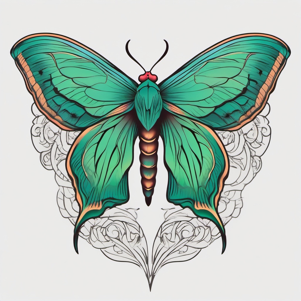 Luna Moth Tattoo Color - Explore vibrant and colorful Luna moth tattoo designs for a visually striking and artistic appearance.  simple vector color tattoo, minimal, white background