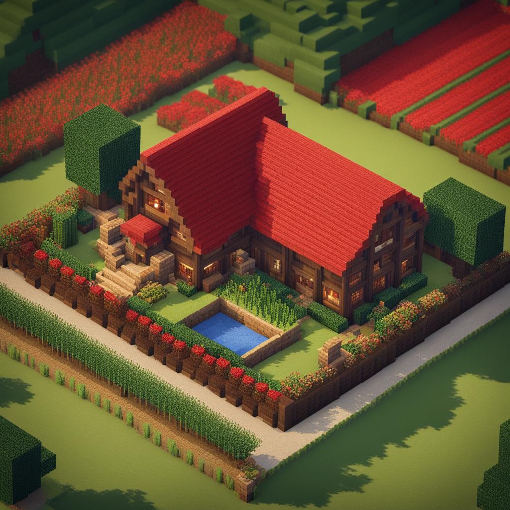 farmhouse with a red barn and fields of crops - minecraft house design ideas minecraft block style