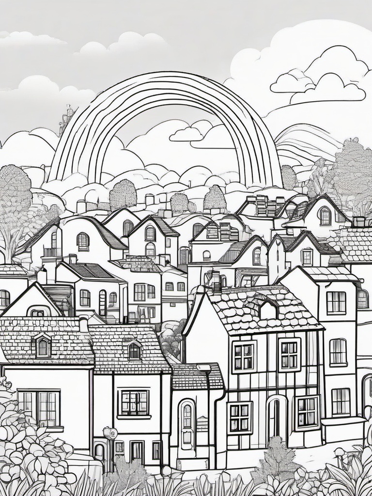 Rainbow Coloring Page - Rainbow over a village with charming houses.  easy,simple,minimal,coloring pages,black and white outline