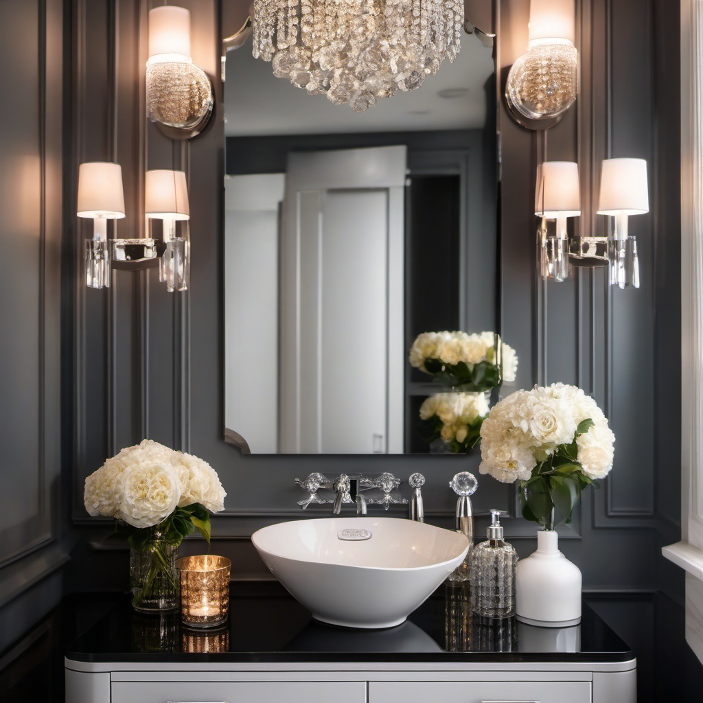 Glamorous Powder Room - Glamour to your powder room with a crystal chandelier and mirrored accents. realistic, professional photography, bokeh, natural lighting, canon lens, shot on dslr 64 megapixels sharp focus