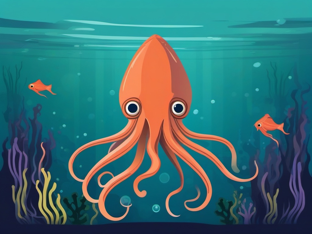 Deep-Dwelling Giant Squid Clip Art - A deep-dwelling giant squid in the mysterious depths,  color vector clipart, minimal style