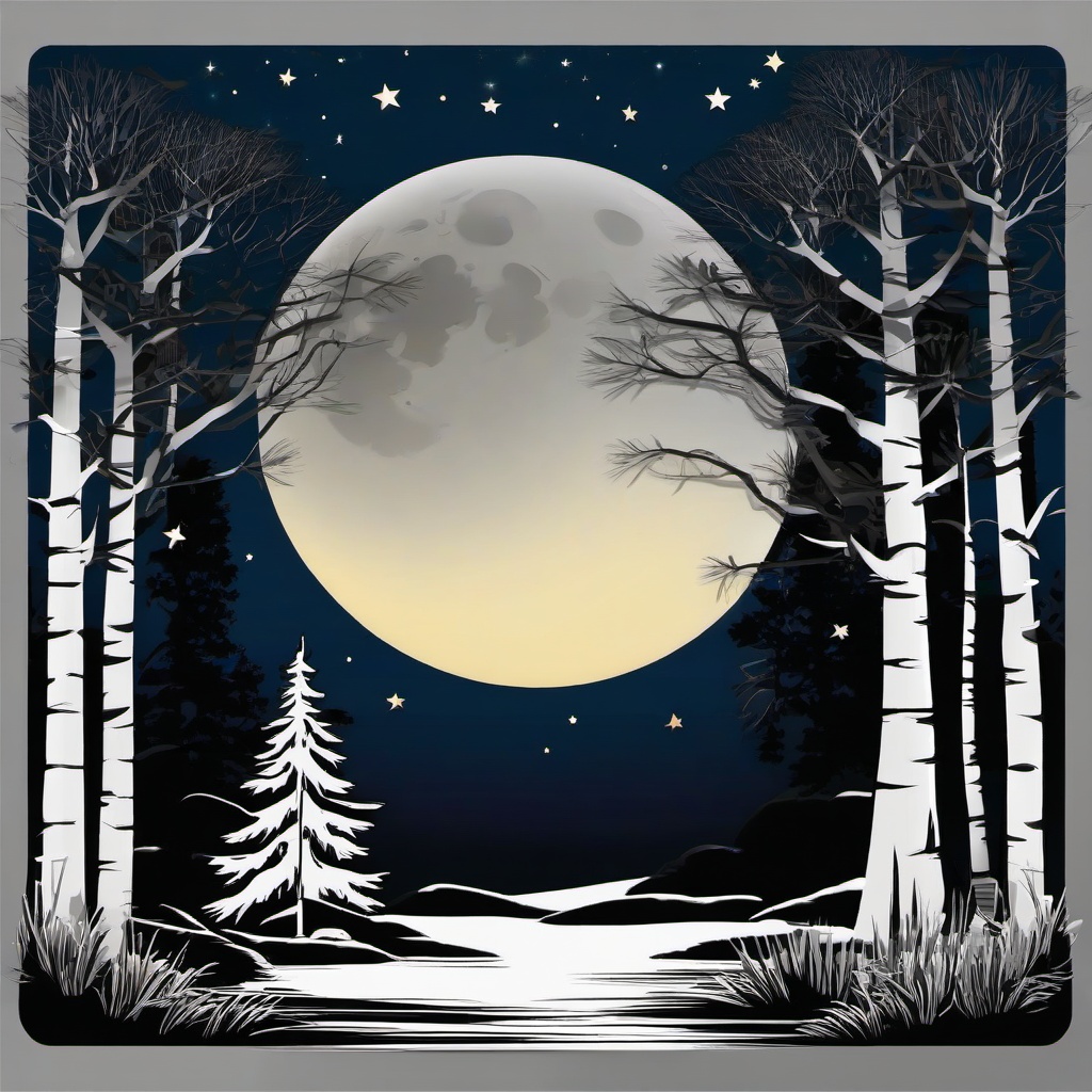 Moon clipart - moonlit night with trees silhouetted  