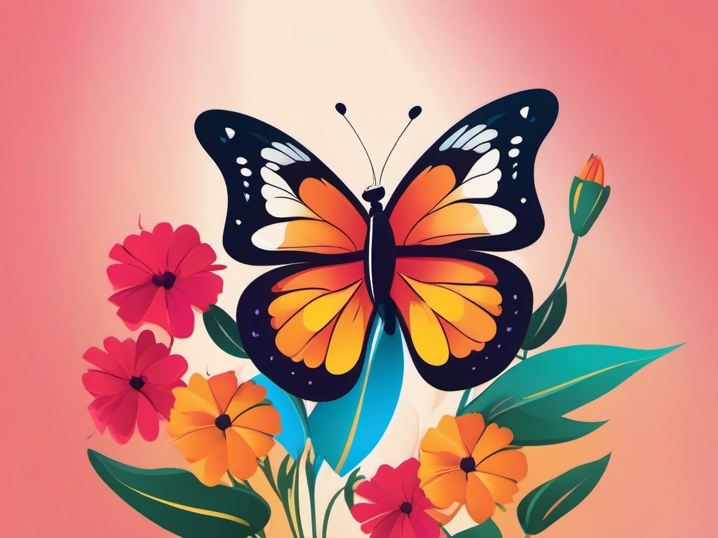 Butterfly on a Colorful Flower Clip Art - Butterfly resting gracefully on a vibrant flower,  color vector clipart, minimal style