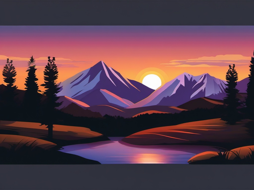 Sunset over mountains sticker- Majestic and peaceful, , sticker vector art, minimalist design