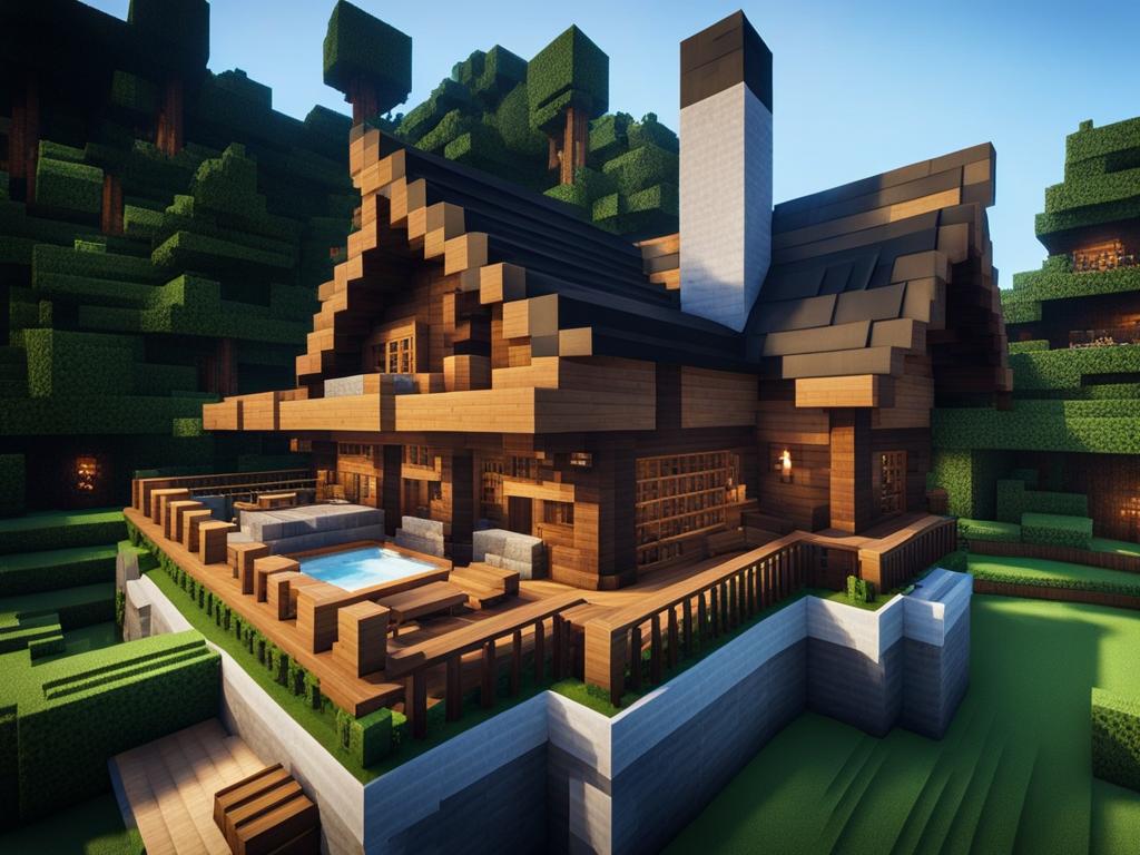 mountain lodge with a roaring fireplace and hot tub - minecraft house ideas minecraft block style