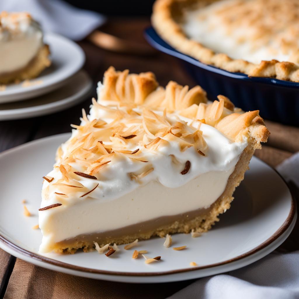 a slice of heavenly coconut cream pie, with a toasted coconut topping and a flaky crust. 