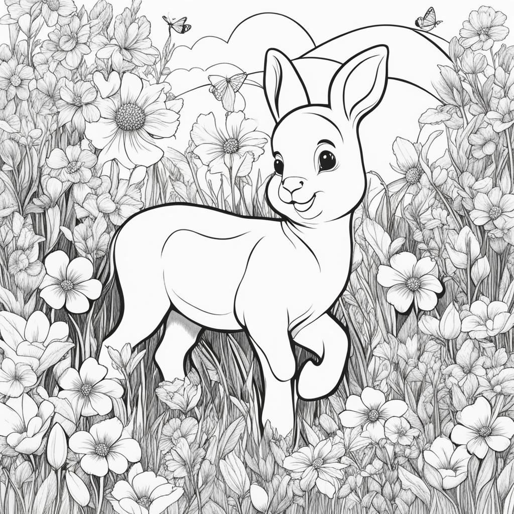 spring coloring pages - baby animals frolic in a field of blooming spring flowers. 