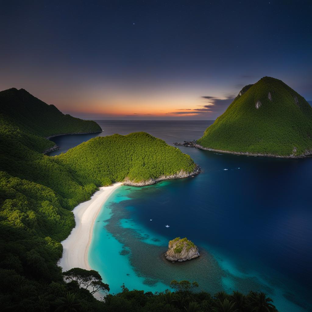 ogasawara islands - illustrate a tranquil night on the ogasawara islands, with their unique flora and fauna and the soothing sound of waves lapping at the shores. 