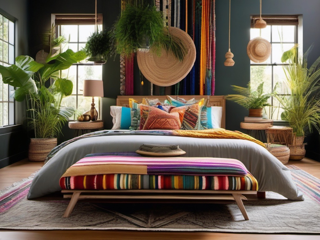 Sustainable Boho Retreat - Embrace boho style with sustainable and eco-friendly decor. , bedroom interior decor design ideas, multicoloured, photo realistic, hyper detail, high resolution,