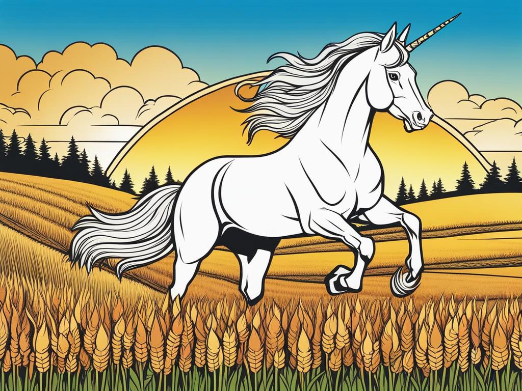 unicorn coloring pages - enthusiastic unicorn leaping through a field of golden wheat, the sun setting behind it in a blaze of colors. 