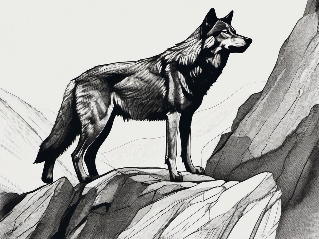 drawing of a wolf in rocky cliff  minimal rough sketch scribbles,doodles,black and white