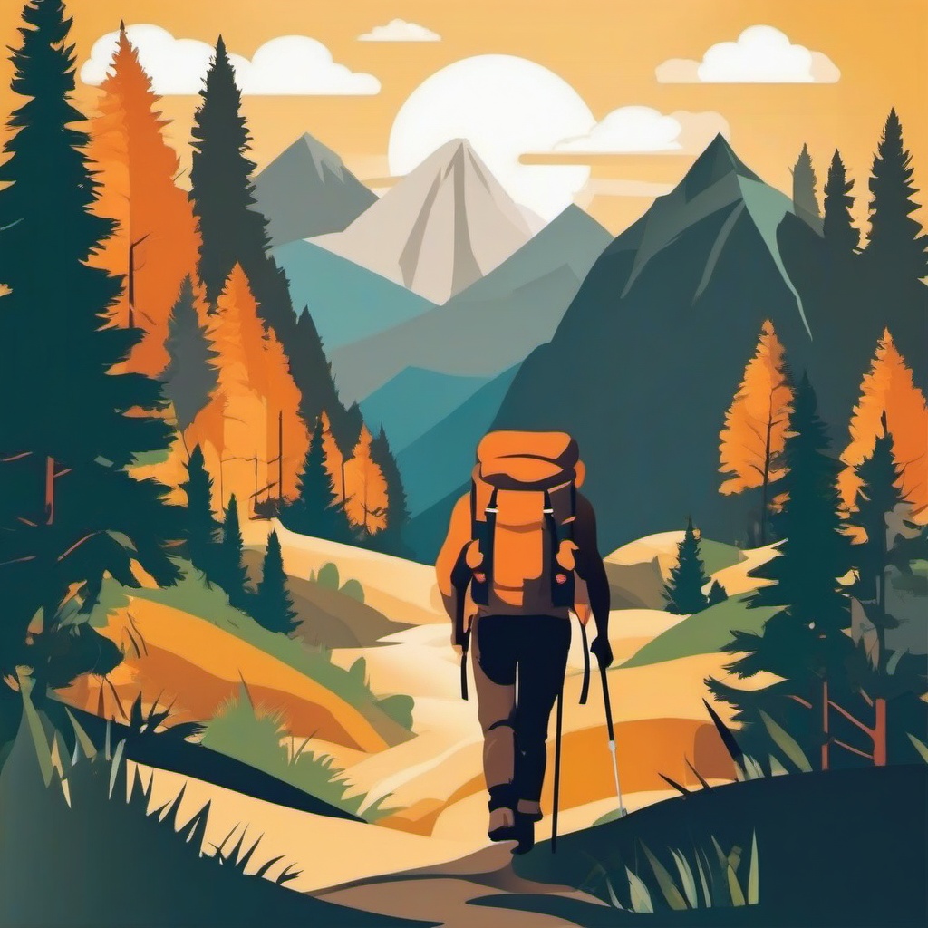 Backpacker Clipart - A backpacker exploring the wilderness.  color vector clipart, minimal style