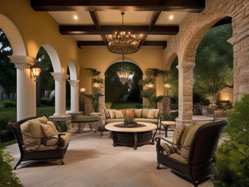 The outdoor patio embraces Italian Renaissance interior design with elegant stone columns, wrought iron furnishings, and lush greenery that create a picturesque setting for outdoor gatherings.  