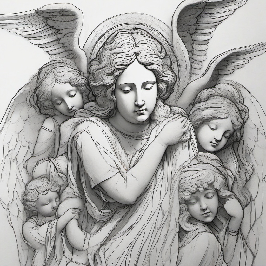 drawing of God with angels  minimal rough sketch scribbles,doodles,black and white