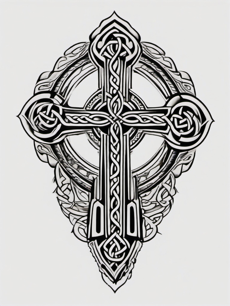 celtic cross dagger tattoo  simple color tattoo,minimal,white background