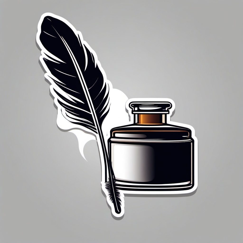 Feather and Ink Bottle Sticker - Quill feather next to an ink bottle, ,vector color sticker art,minimal