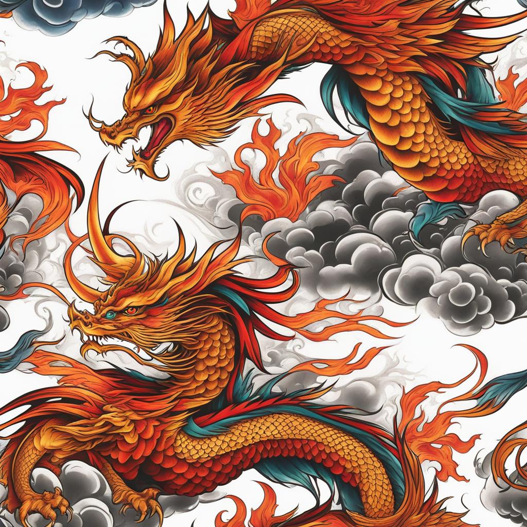 Dragon phoenix tattoo, Tattoos that blend the power of dragons with the grace of phoenixes.  color, tattoo style pattern, clean white background