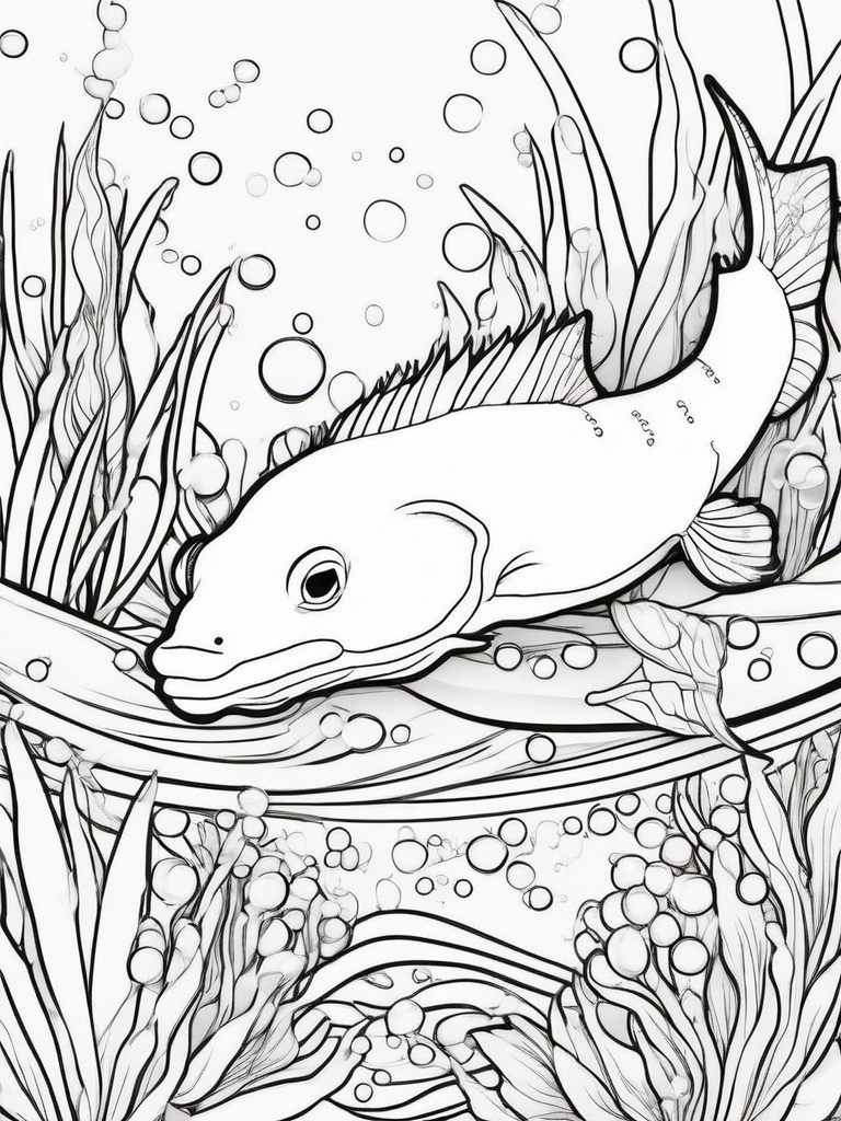 Axolotl Coloring Pages - Axolotl surrounded by colorful fish and bubbles  simple coloring pages