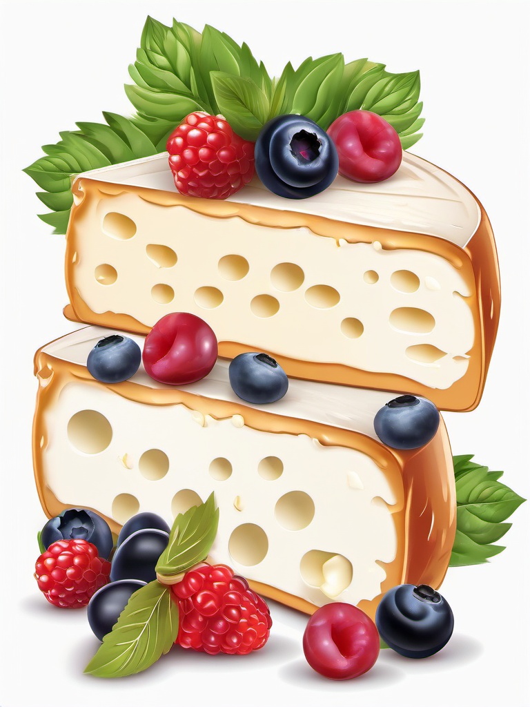 Soft cheese wheel with berries on top clipart.  vector style illustration, white background