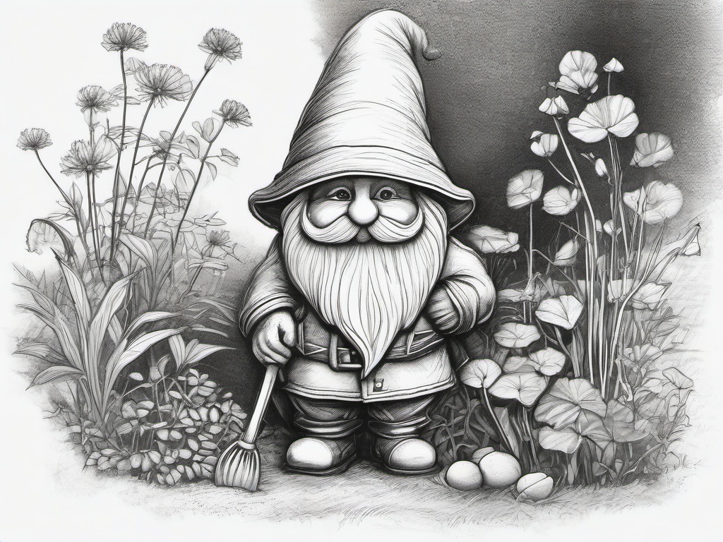 drawing of a gnome in a garden  minimal rough sketch scribbles,doodles,black and white