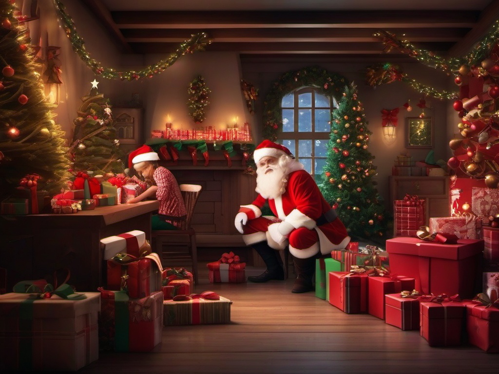 Christmas wallpaper - Santa's workshop with elves working and wrapping presents  aesthetic background wallpaper