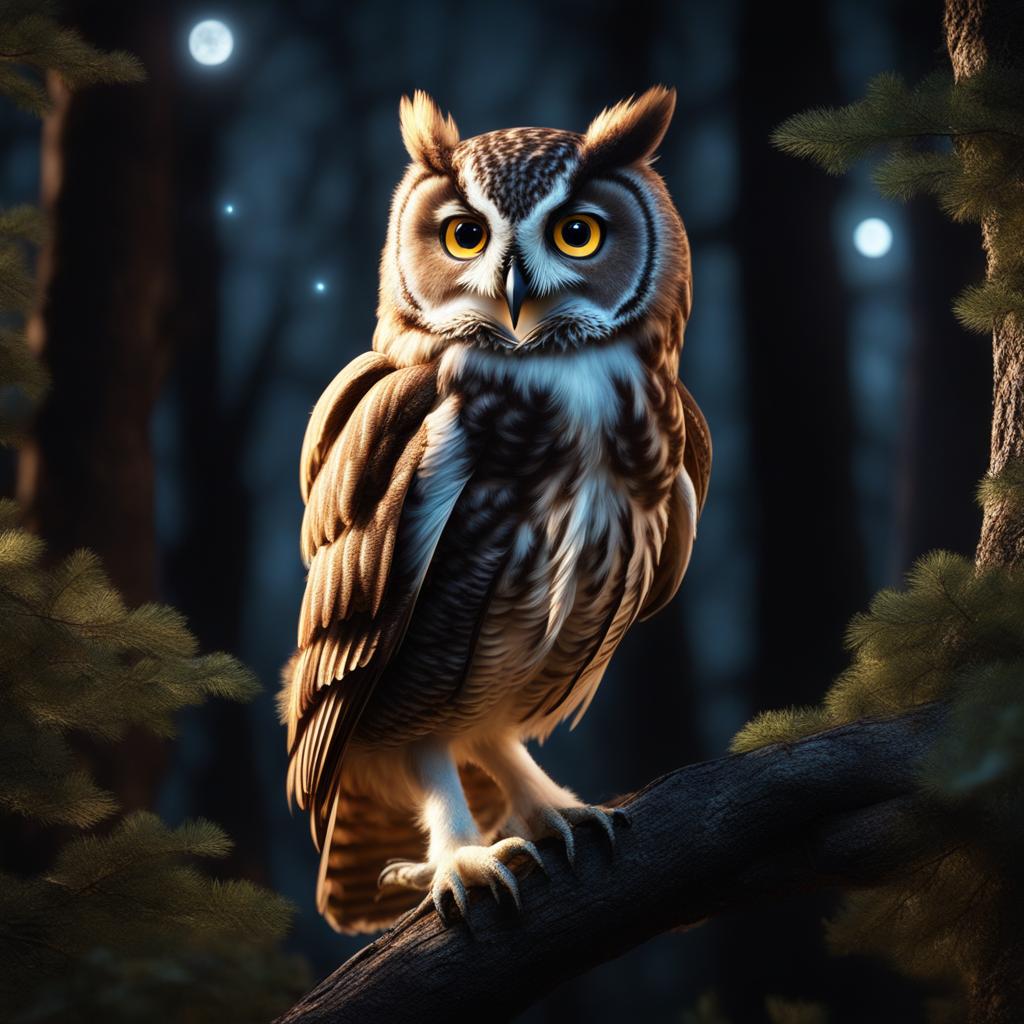 owl owlet hooting softly in a moonlit enchanted forest 8k ultrarealistic cinematic 