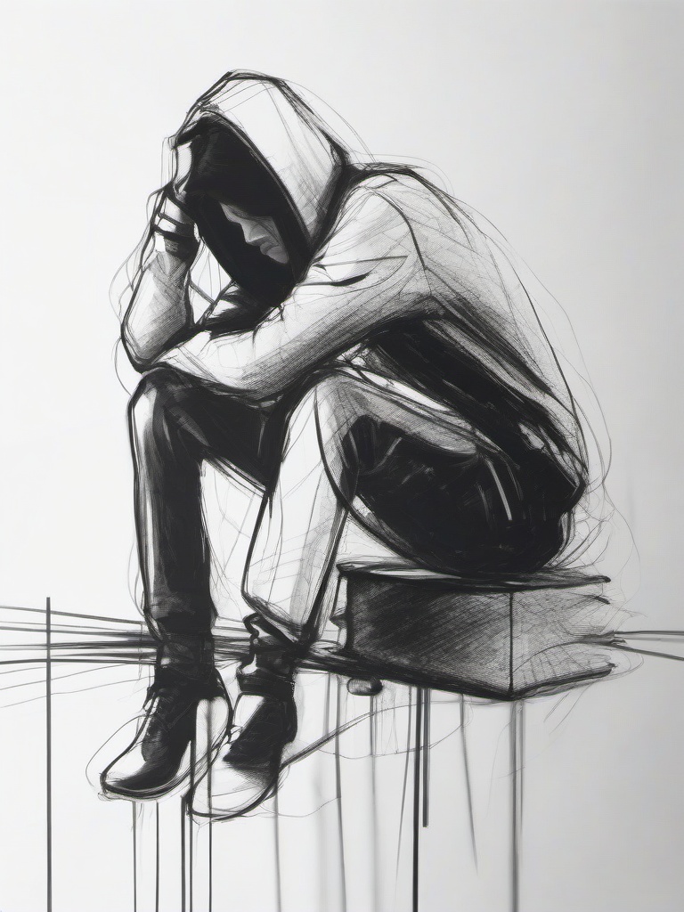 drawing of a character reflecting on sadness  minimal rough sketch scribbles,doodles,black and white