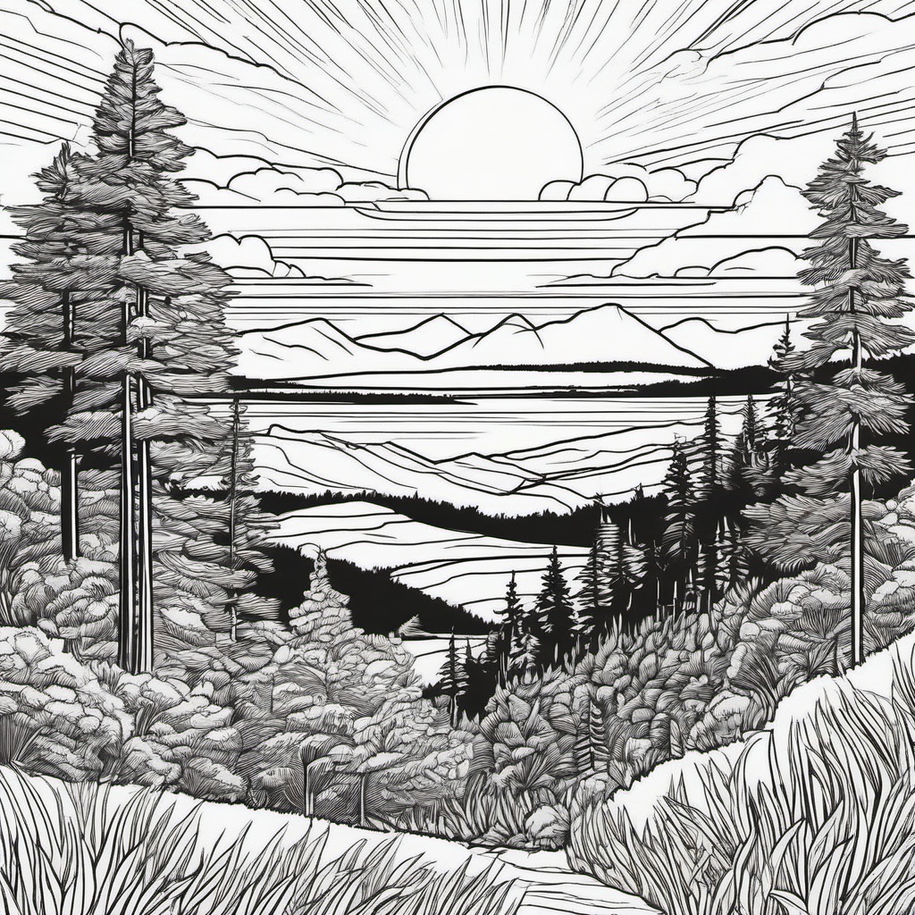 Sunset view over a mountain landscape  simple coloring pages