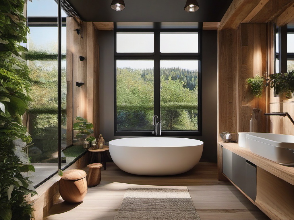 Biophilic interior design in a small bathroom incorporates natural materials, such as wood accents and stone features, along with large windows that maximize light and create a refreshing atmosphere.  