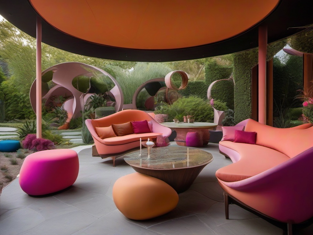 The outdoor patio embraces surrealist interior design with oversized furniture, imaginative garden sculptures, and dreamlike colors that create a magical space for relaxation and gatherings.  