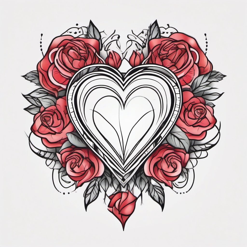 Heart Tattoo - A delicate heart tattoo surrounded by roses  few color tattoo design, simple line art, design clean white background