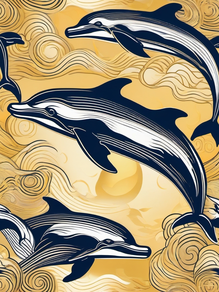 Golden Horizon Serenade - Dolphins in a golden-hued ocean, serenading the horizon.  outline color tattoo,minimal,white background