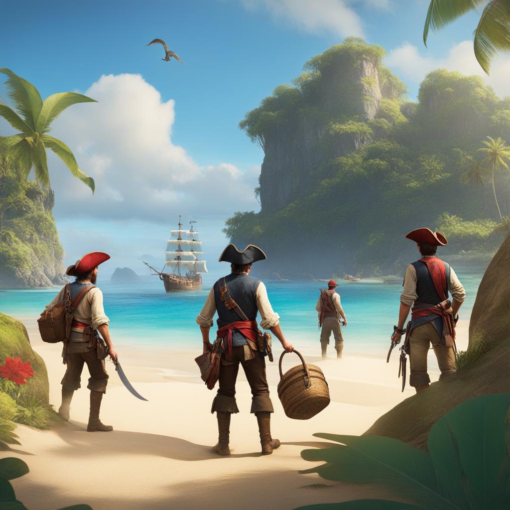 brave pirate crew embarking on a treasure hunt on a remote, uncharted island. 