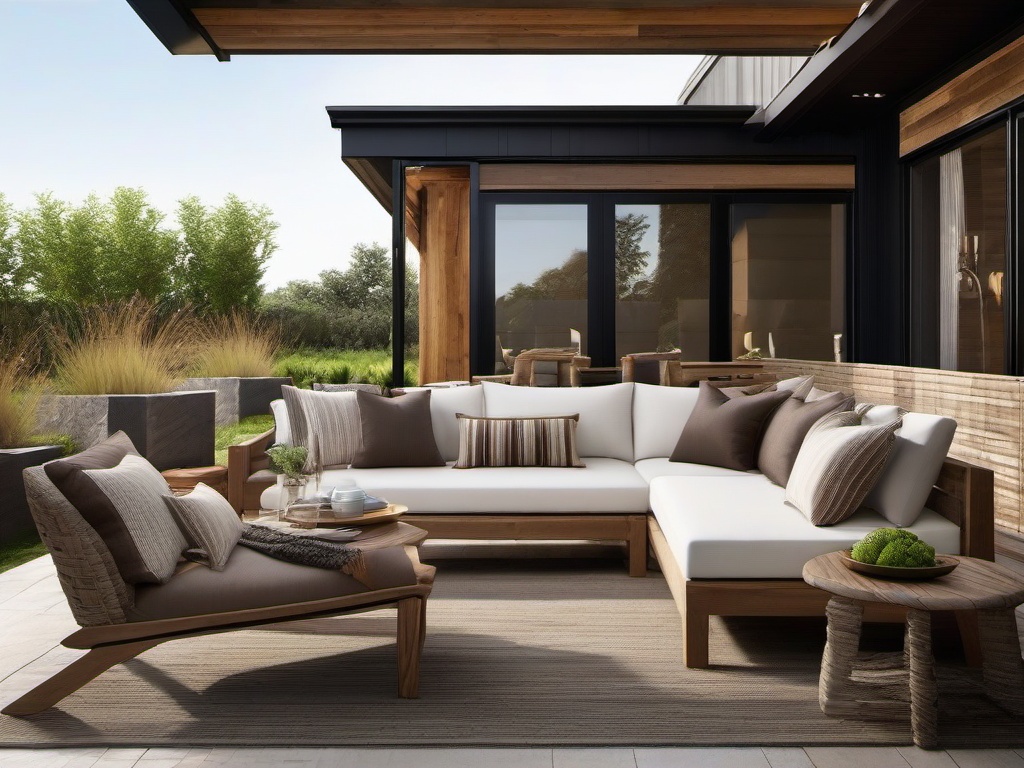 Modern Rustic patio combines sleek outdoor furniture with rustic wood accents and warm textiles, creating a stylish yet inviting retreat for leisure.  