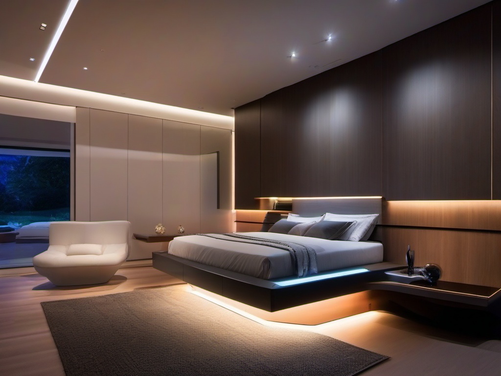 The master bedroom embraces futuristic interior design with a floating bed, integrated lighting, and modern decor that creates a serene and technologically advanced sleeping environment.  