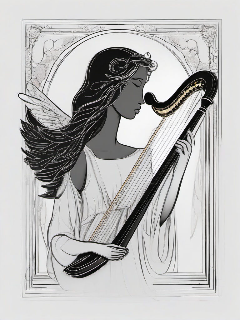 drawing of an angel holding a harp  minimal rough sketch scribbles,doodles,black and white