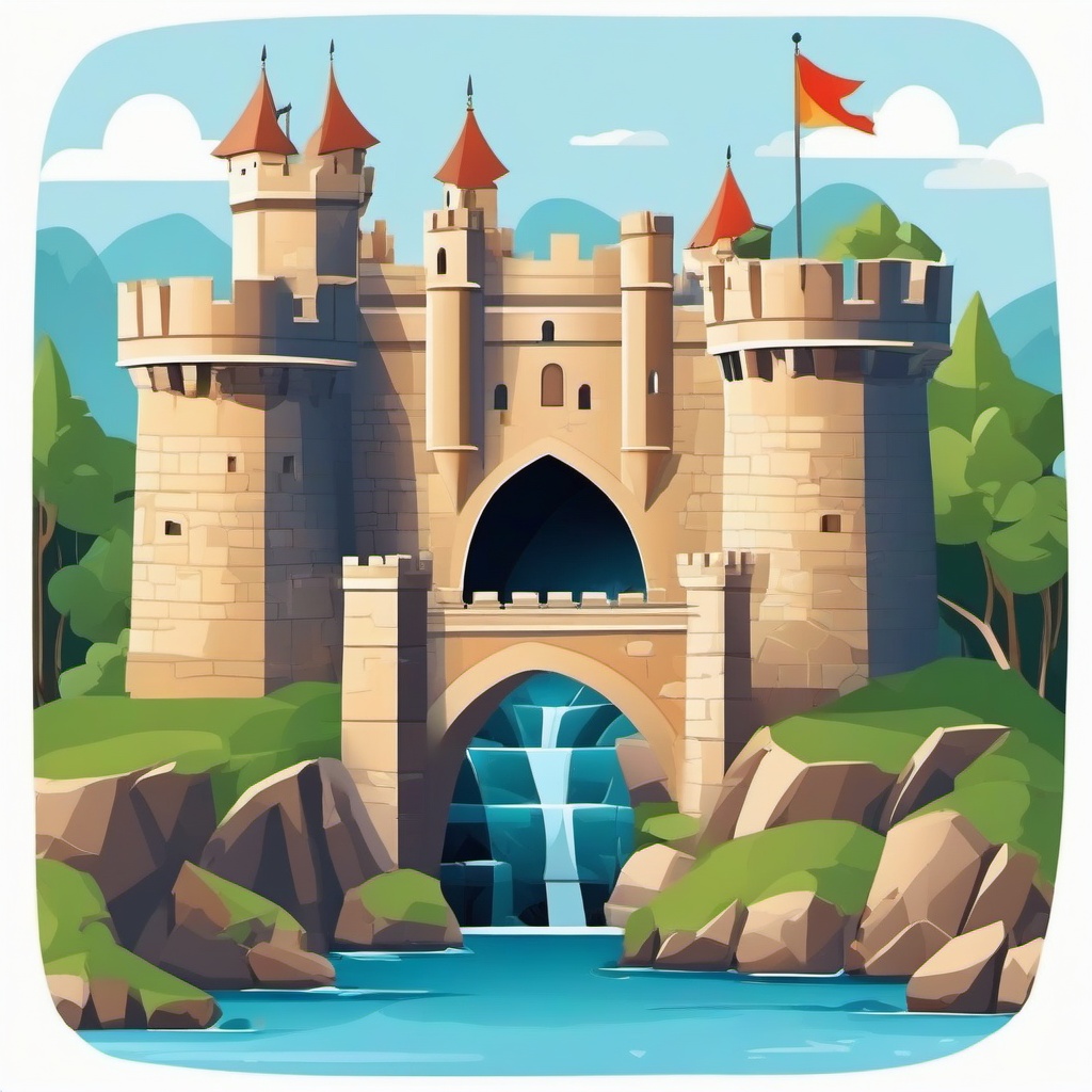 Large castle with stone walls and drawbridge clipart.  vector style illustration, white background