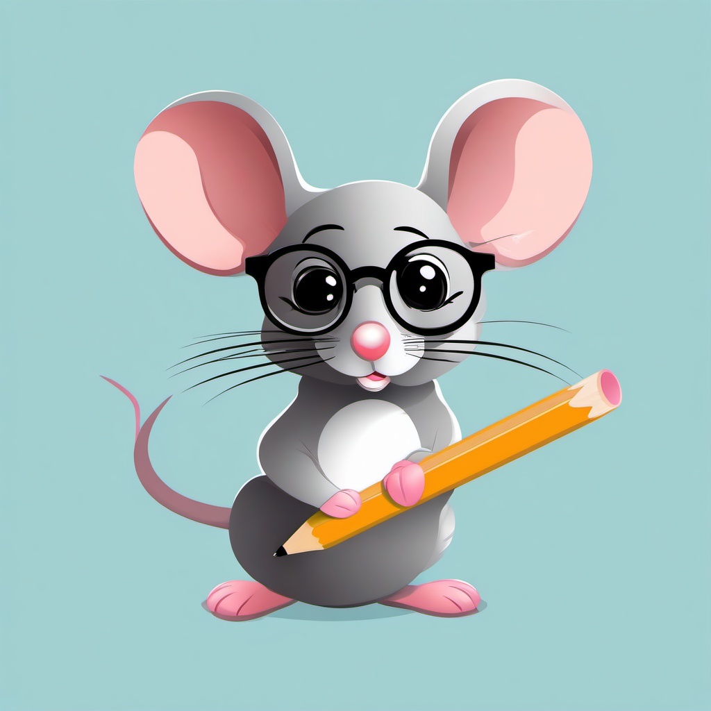 Mouse clipart - mouse with big glasses holding a pencil  color,minimalist,vector clipart