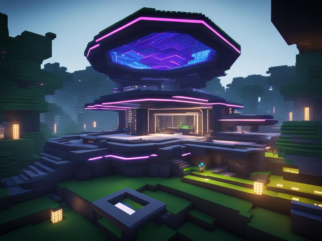 futuristic sci-fi base with high-tech gadgets and neon lights - minecraft house ideas minecraft block style