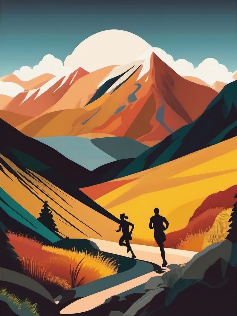 Trail Running on Mountain Path Clipart - Trail runners in a mountain landscape.  color vector clipart, minimal style